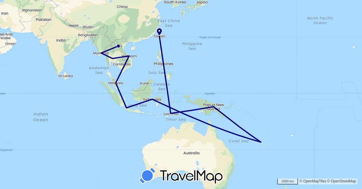 TravelMap itinerary: driving in France, Indonesia, Laos, Myanmar (Burma), Malaysia, Papua New Guinea, Philippines, Thailand, East Timor, Taiwan (Asia, Europe, Oceania)