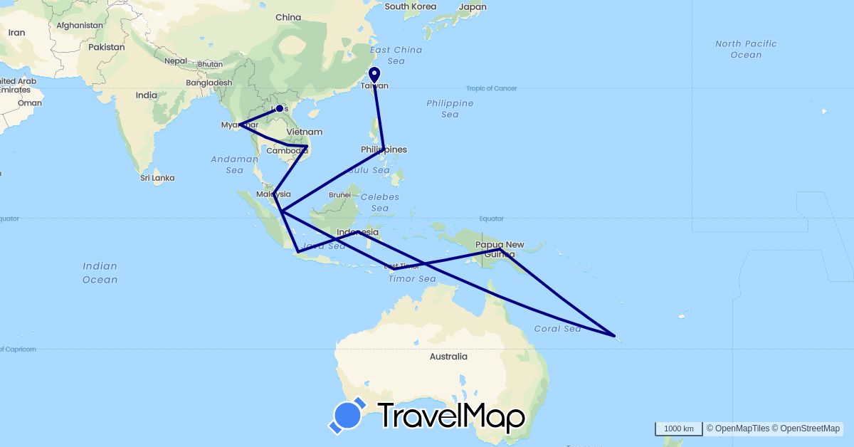 TravelMap itinerary: driving in France, Indonesia, Cambodia, Laos, Myanmar (Burma), Malaysia, Papua New Guinea, Philippines, Singapore, Thailand, Taiwan, Vietnam (Asia, Europe, Oceania)